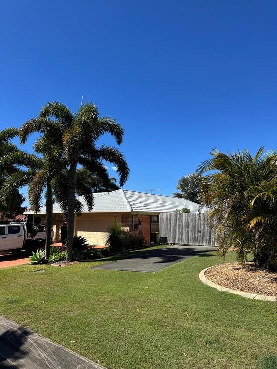 A restored roof on a home behind palm trees
