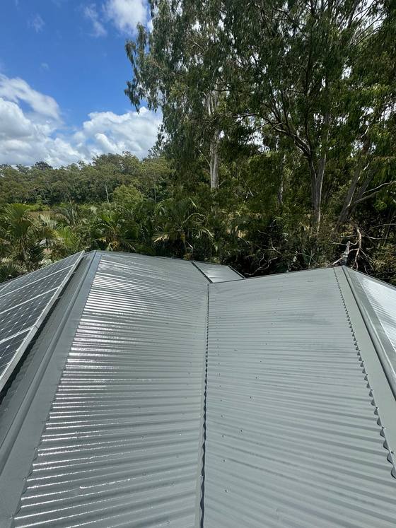 A muted green metal roof, freshly coated