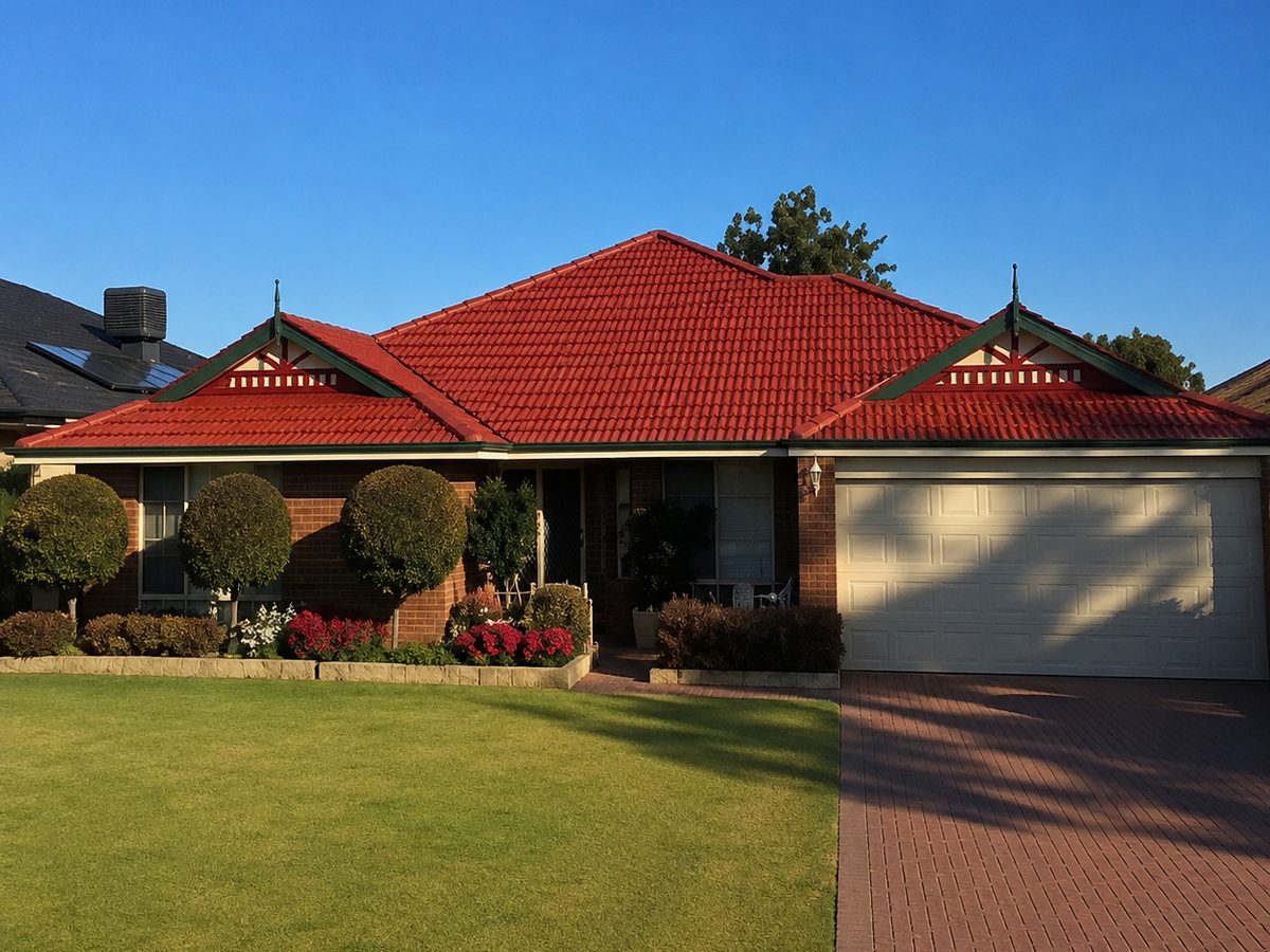 The same home after a full roof restoration in deep red