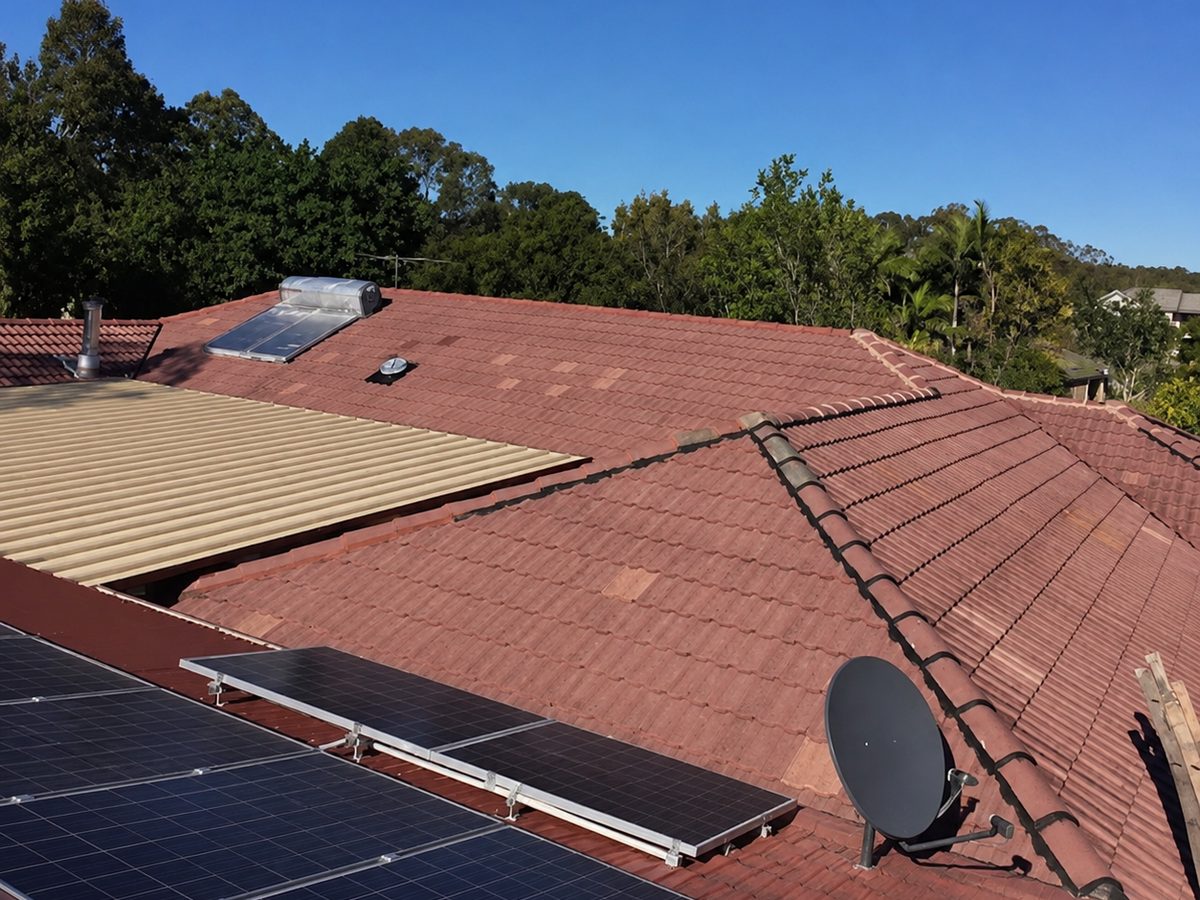 A patched and faded tile roof with solar panels before restoration